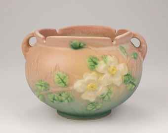 Roseville Pottery White Rose Jardiniere, Shape 653-4, Coral/Pink