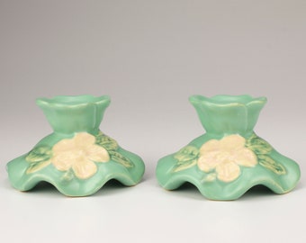 Weller Vintage Pottery Blossom Candle Holders (Pair), Turquoise Green