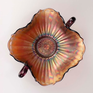 Fenton Carnival Glass Stippled Rays Square Bon-Bon, Amethyst