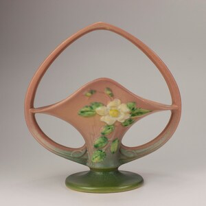 Roseville Vintage Pottery White Rose Decorative Basket, Shape 363-10, Coral/Pink