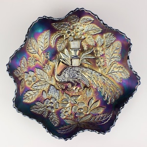 Fenton Peacock & Urn Carnival Glass Ruffled Bowl, Blue Iridescent