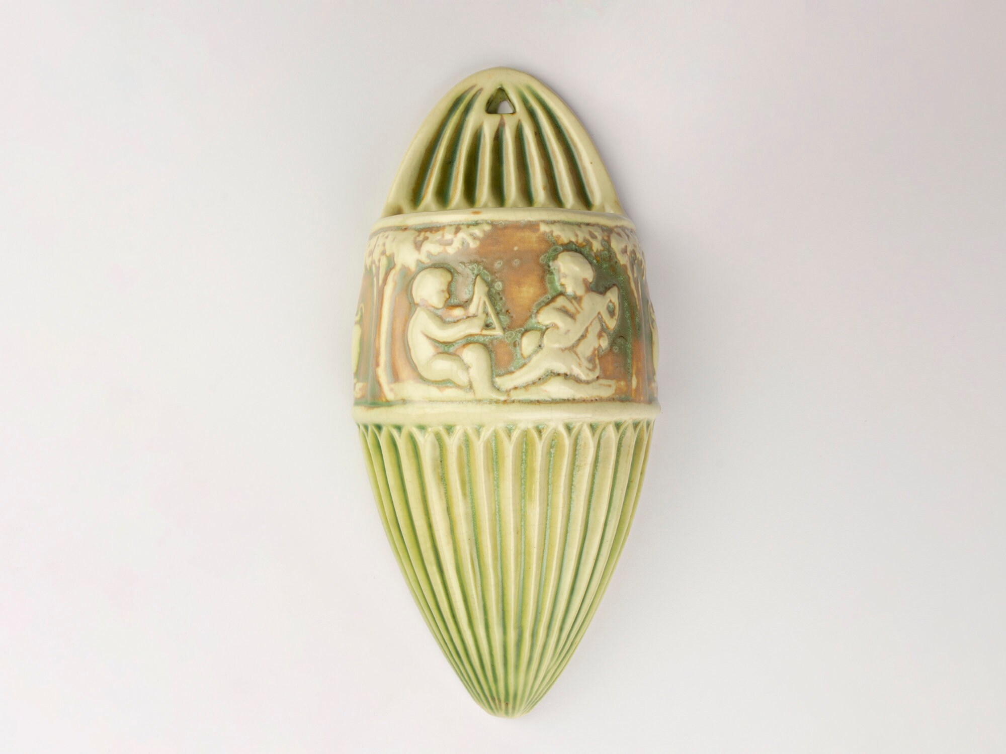 Roseville Pottery Donatello Wall Pocket, Shape 1202/1212-10, Cream/Green/Tan