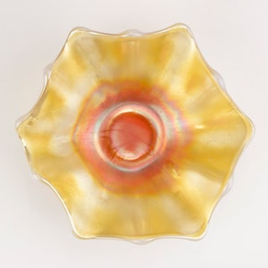 Westmoreland Corinth Carnival Glass Ruffled Bowl, Opalescent Peach