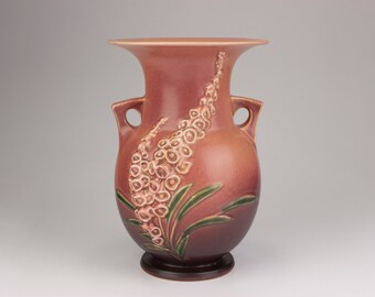 Made in USA. Vintage Dusty Rose Foxglove Patterned Roseville Vase with Two Side Handles
