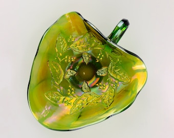 Millersburg Holly Sprig Carnival Glass Nappy, Radium Green