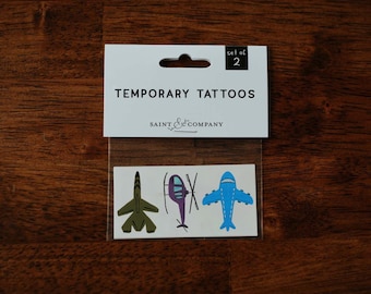Aviation Temporary Tattoos | watercolor kids tattoos, airplane, helicopter, and a fighter jet