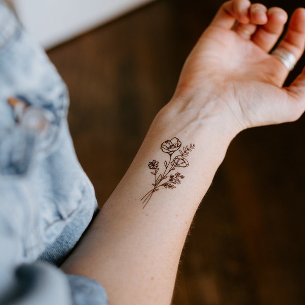 Wildflower Temporary Tattoo  | Set of 2 | Hand drawn fine line tattoos, 3"