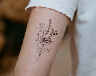 Meadow Flora, Wildflower Temporary Tattoos | Set of 2 fine line temporary tattoos