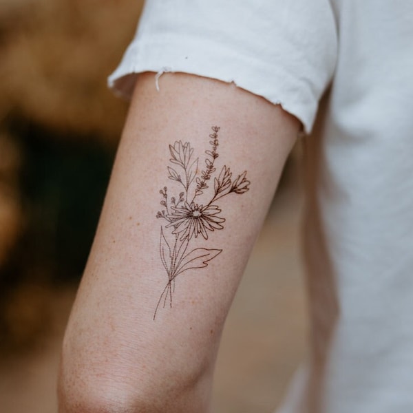 Meadow Flora, Wildflower Temporary Tattoos | Set of 2 fine line temporary tattoos