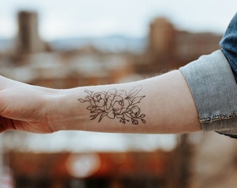 4" x 2.5"  Peony Bouquet Tattoo | Set of 2 hand drawn temporary tattoos