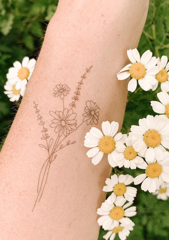 4 Tatouage Temporaire De Fleur Sauvage Ensemble De 2 Tatouages De Ligne Fine Dessinés à La Main