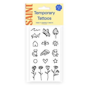 Tiny Tats Temporary Tattoos | Small fine-line flowers, butterfly, mushrooms, heart, shark, and more