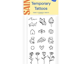 Tiny Tats Temporary Tattoos | Small fine-line flowers, butterfly, mushrooms, heart, shark, and more