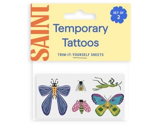 Bug Temporary Tattoos | Small sheet of 5 insect tattoos | Butterfly, mantis, bumblebee, moth