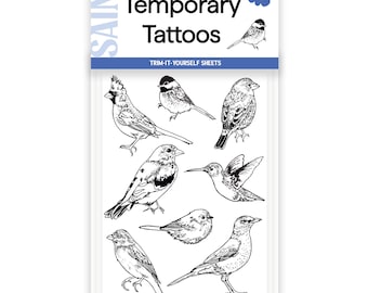 May include: A sheet of temporary tattoos featuring detailed black and white illustrations of various birds. The package includes the text "Temporary Tattoos" and "Trim-It-Yourself Sheets". The set includes two sheets.