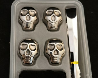 Juego de regalo 4 piedras de whisky piedra de acero inoxidable cubos de hielo reutilizables cráneo en forma de