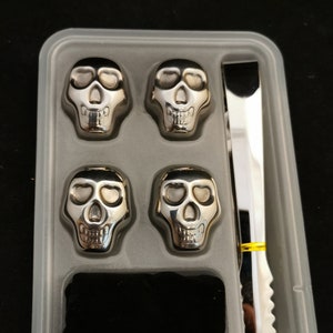 Gift Set 4 Whiskey Stones Stainless Steel Reusable Ice Cubes Skull Shaped