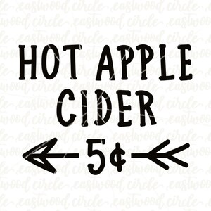 Op de afbeelding: Zwart-wit bord met de tekst "HOT APPLE CIDER - 5&cent;" met pijlen die naar links en rechts wijzen.