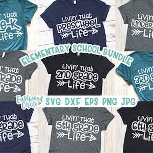 May include: A set of 10 SVG cut files for t-shirts featuring the text "Livin' That [Grade] Life" for each grade from Pre-K to 6th grade. The text is in a white, handwritten font with a white arrow pointing to the right. The designs are perfect for creating personalized shirts for students, teachers, or anyone who loves school.