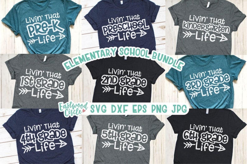 May include: A set of 10 SVG cut files for t-shirts featuring the text "Livin' That [Grade] Life" for each grade from Pre-K to 6th grade. The text is in a white, handwritten font with a white arrow pointing to the right. The designs are perfect for creating personalized shirts for students, teachers, or anyone who loves school.