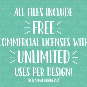 May include: White text on a teal background states "ALL FILES INCLUDE FREE COMMERCIAL LICENSES WITH UNLIMITED USES PER DESIGN! (FOR SMALL BUSINESSES)". The background has a repeating pattern of the words "Eastwood Circle".