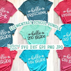 May include: A set of ten iron-on t-shirt designs featuring the text "hello" and the grade level from pre-k to 6th grade. The designs are in a white font with a black arrow pointing to the right. The designs are on a variety of colored t-shirts.