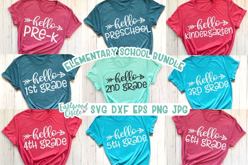 May include: A set of ten iron-on t-shirt designs featuring the text "hello" and the grade level from pre-k to 6th grade. The designs are in a white font with a black arrow pointing to the right. The designs are on a variety of colored t-shirts.