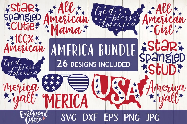 Puede incluir: Una colecci&oacute;n de dise&ntilde;os patri&oacute;ticos en rojo, blanco y azul, con frases como "Star Spangled Cutie", "All American Mama" y "God Bless America". La imagen tambi&eacute;n presenta un "America Bundle" con 26 dise&ntilde;os, gafas de sol y un mapa de EE. UU.
