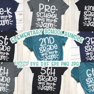 May include: A set of ten SVG cut files for t-shirts featuring the text "[grade] is my jam" with an arrow graphic. The grades included are Pre-K, Kindergarten, 1st, 2nd, 3rd, 4th, 5th, and 6th. The text is in white and the background is a variety of colors.