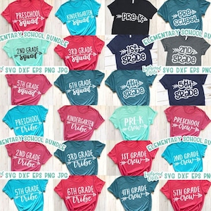 May include: A set of 24 digital designs for t-shirts featuring different grade levels and themes, including "squad", "tribe", and "crew". The designs are in various colors, including red, blue, teal, and gray. The designs are perfect for teachers, students, and parents.