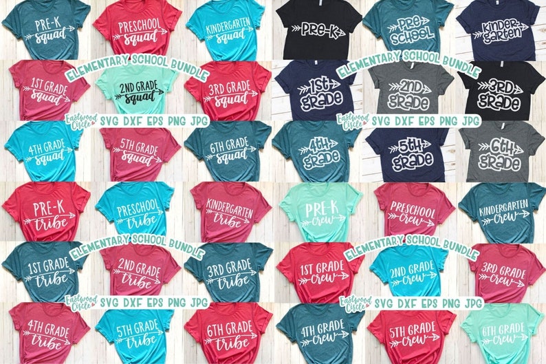 May include: A set of 24 digital designs for t-shirts featuring different grade levels and themes, including "squad", "tribe", and "crew". The designs are in various colors, including red, blue, teal, and gray. The designs are perfect for teachers, students, and parents.