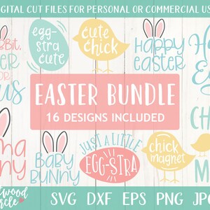 May include: A digital cut file bundle for personal or commercial use featuring 16 Easter-themed designs. The designs include phrases like "Silly Rabbit, Easter is for Jesus", "Mama Bunny", "Baby Bunny", "Egg-stra Cute", "Cute Chick", "Happy Easter", "Just a Little Egg-stra", "Chick Magnet", "Chicks Dig Me".