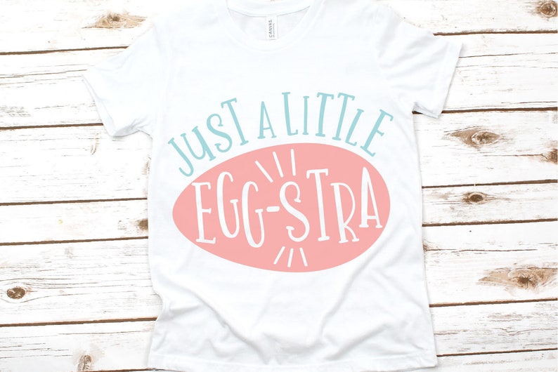 May include: White t-shirt with a pink oval and the text "Just a little egg-stra" in blue.