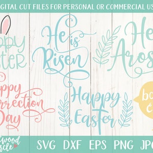 May include: A set of digital cut files for personal or commercial use featuring Easter-themed designs. The designs include the phrases "Hoppy Easter", "He is Risen", "He Arose", "Happy Resurrection Day", "Happy Easter", and "Baby Chick".
