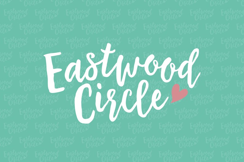 May include: White text on a teal background reads "Eastwood Circle" with a pink heart to the right of the text. The background is a repeating pattern of the text "Eastwood Circle" in a smaller font.