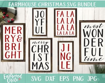 May include: A set of 6 farmhouse style Christmas signs with various holiday sayings. The signs are white with black and red lettering. The sayings include "Merry & Bright", "Jingle", "Most Wonderful Time", "Joyful", "Merry Christmas", and "Fa La La La La".