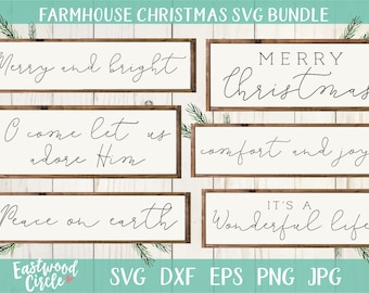 May include: Five farmhouse style wooden signs with white backgrounds and black calligraphy. The signs read "Merry and bright", "O come let us adore Him", "Peace on earth", "Merry Christmas", and "It's a Wonderful Life".