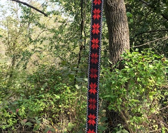 Hand beaded guitar strap. Flower design. glass seed beads- black, red and white