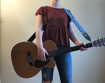 Hand beaded guitar strap, diamond pattern. Glass seed beads, blue & white