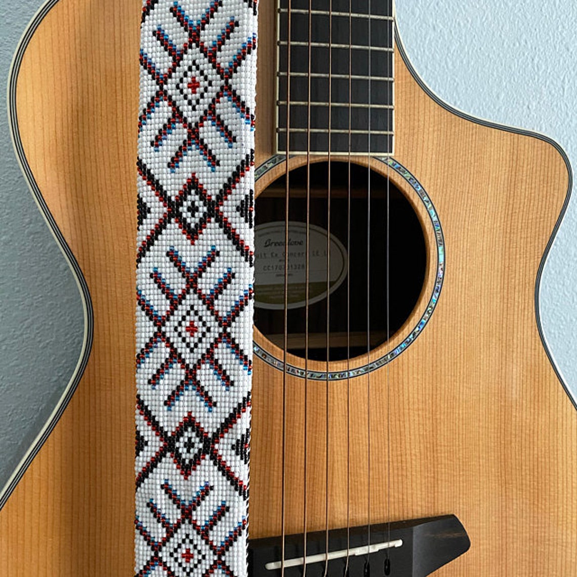 Hand Beaded Guitar Strap, Diamond Pattern. Glass Seed Beads, Red, Blue