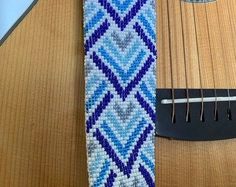 Hand beaded guitar strap. Glass seed beads, turquoise, white