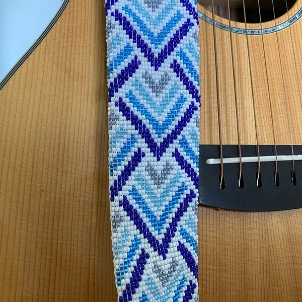 Hand beaded guitar strap. Glass seed beads, turquoise, white