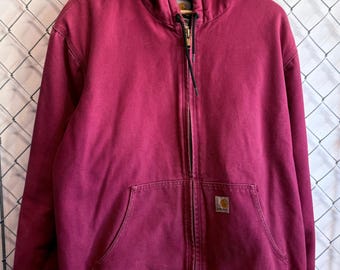 Vintage Carhartt JQ281 Red Brick Hooded Zip Up Workwear Jacket Size XL