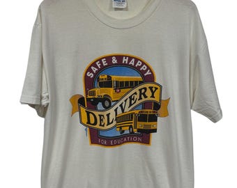 Vintage 90's Safe Happy School Bus Education Graphic Tee Size Large
