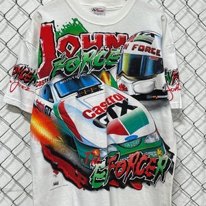 Vintage 90's John Force the Enforcer AOP Drag Racing Graphic Tee Size XL