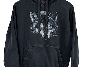 Vintage 90's Lost Creek Clothing Wolf Portrait Nature Hoodie Size Large