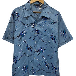 Camisa de vacaciones vintage de manga corta con botones y arte abstracto de los años 90, talla XL