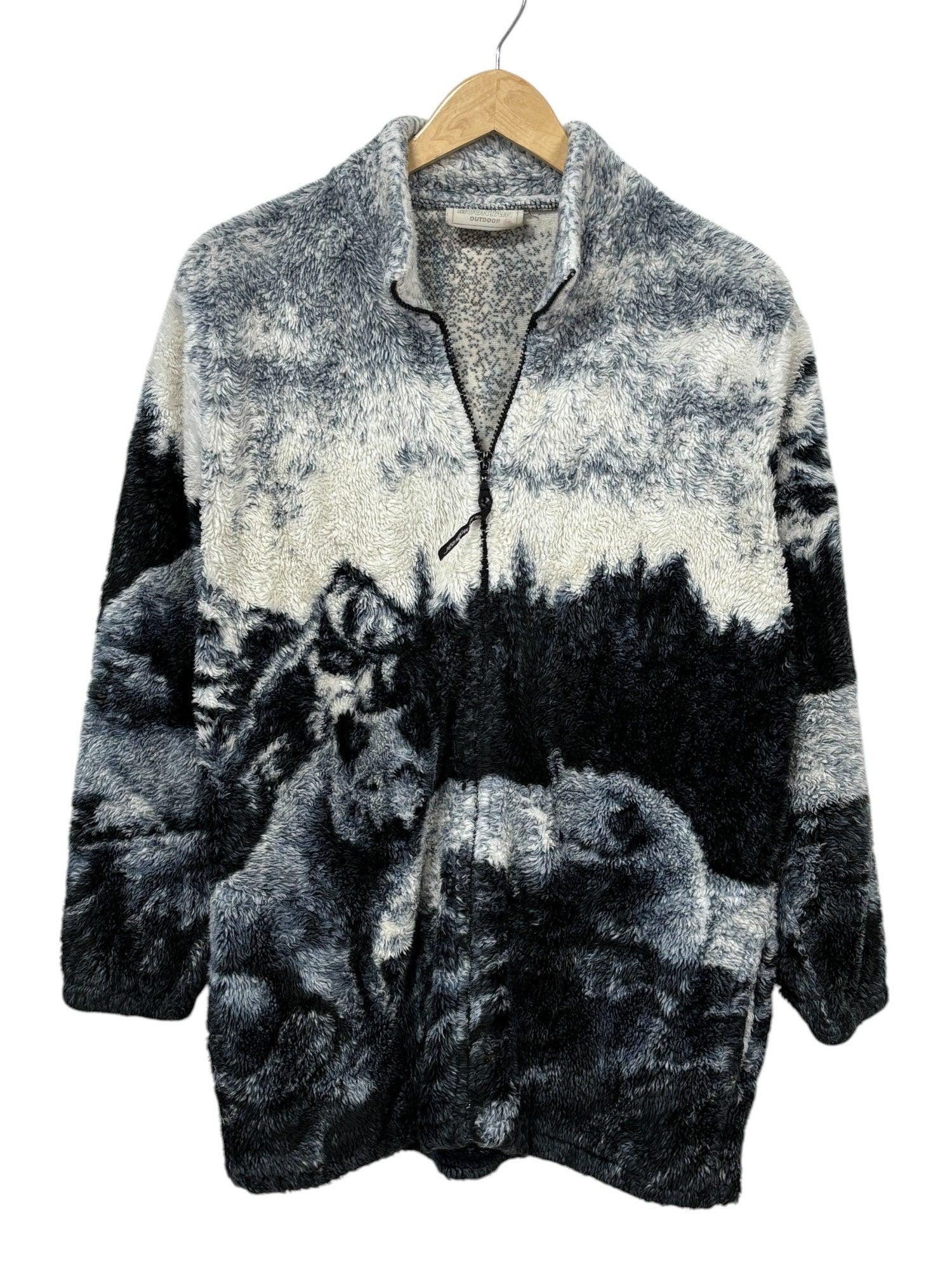 90s BLACK MOUNTAIN ウルフ フリース ジャケット 黒 XL　狼 Vintage 90's Black Mountain Wolf Pack Fleece Zip up Jacket Size