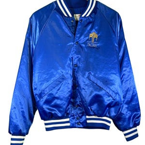 Vintage 80&#39;s Nu Skin Blue Satin Bomber Jacket Size Medium