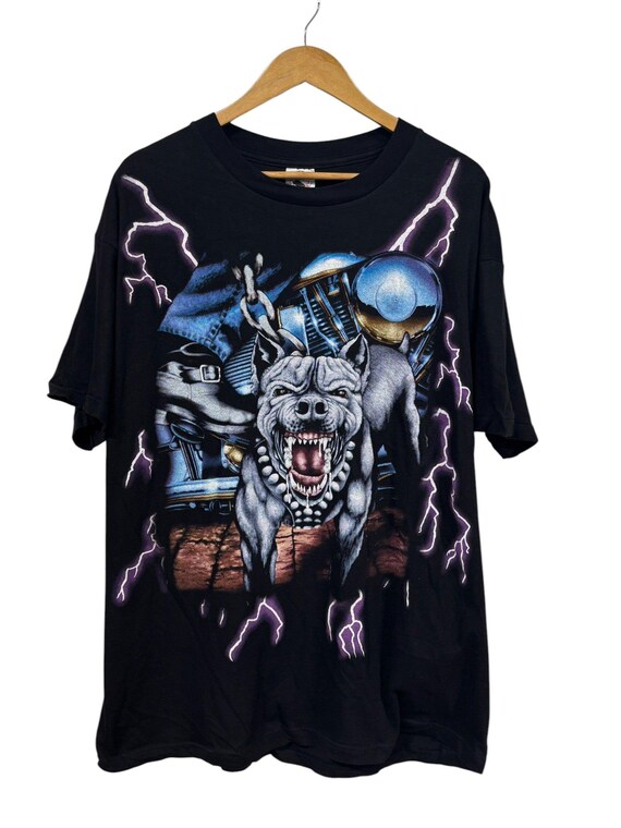 Vintage 90's American Thunder Junkyard Dog Biker AOP Tee Size XL